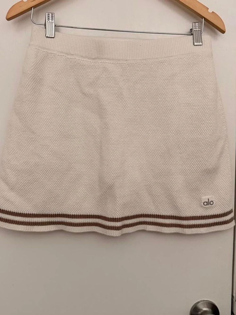 Alo Women's Cream Knit Skirt with Brown Stripe